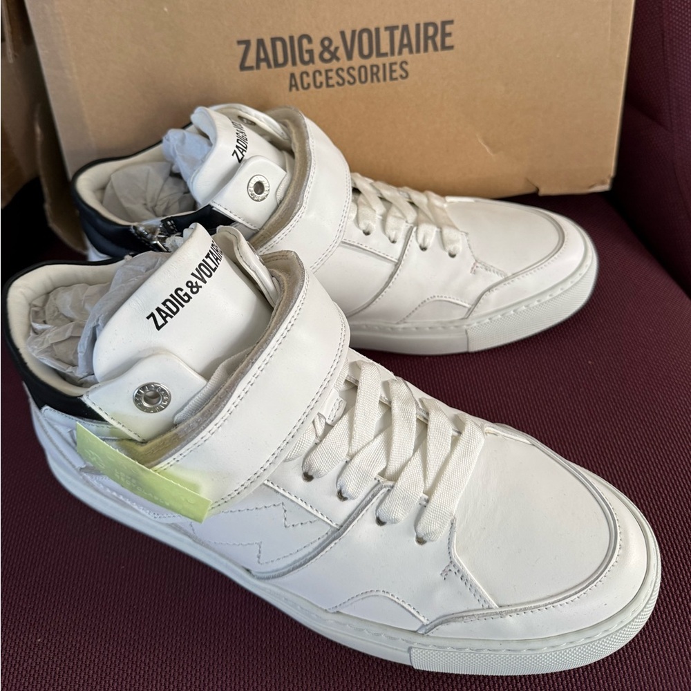 Zadig & Voltaire White Leather High-Top Sneakers with Neon Accent